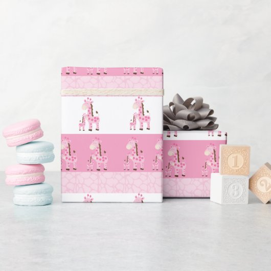 キリン・ママとベビーイン・ピンク ラッピングペーパー (ベビーシャワー)