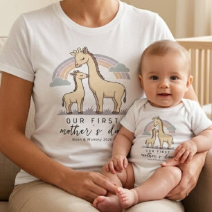 キリン ママ 赤ちゃん 初めての母の日 パステル レインボー Tシャツ