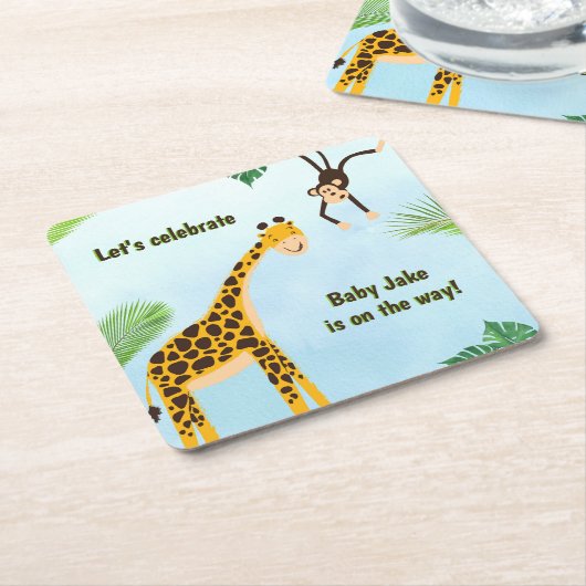 キリン&モンキーサファリまたは動物園のパーティー動物 スクエアペーパーコースター (アングル)