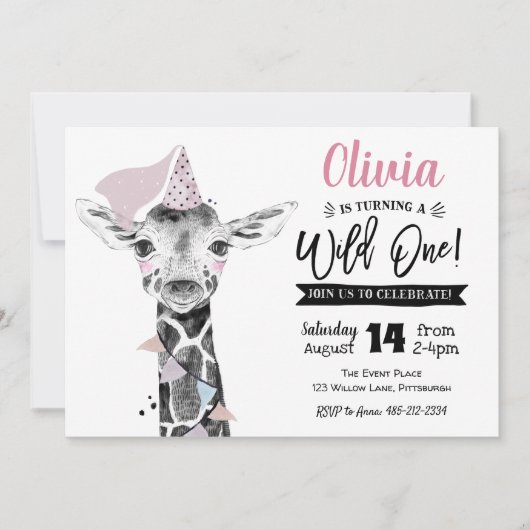 キリン・ワイルドワン |女の子の最初の誕生日の招待 招待状 (正面)