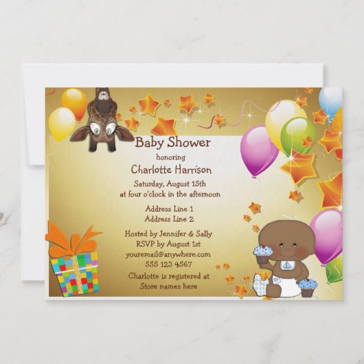 キリン、民族の男の赤ちゃんおよびカップケーキのベビーシャワー 招待状 (裏面)