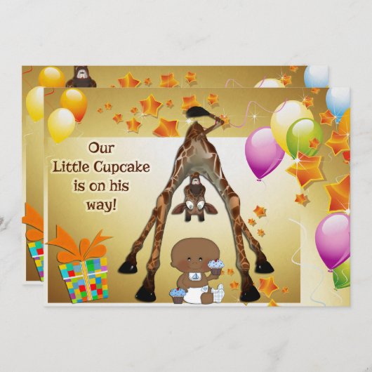 キリン、民族の男の赤ちゃんおよびカップケーキのベビーシャワー 招待状 (正面/裏面)