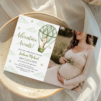 キリン 熱気球 緑のベイビーシャワー フォト 招待状