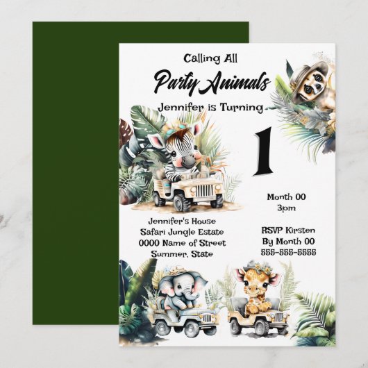 キリン 象 ジャングル サファリ 野生動物 ゼブラ 招待状 (正面/裏面)