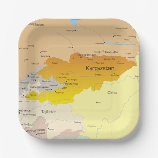 キルギスと中央アジアの政治地図 ペーパープレート (正面)