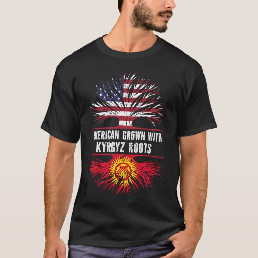 キルギス・ルーツ米国国旗で栽培されたアメリカ人 Tシャツ (正面)