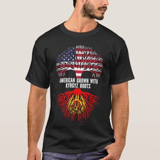 キルギス・ルーツ米国国旗で栽培されたアメリカ人 Tシャツ (正面)