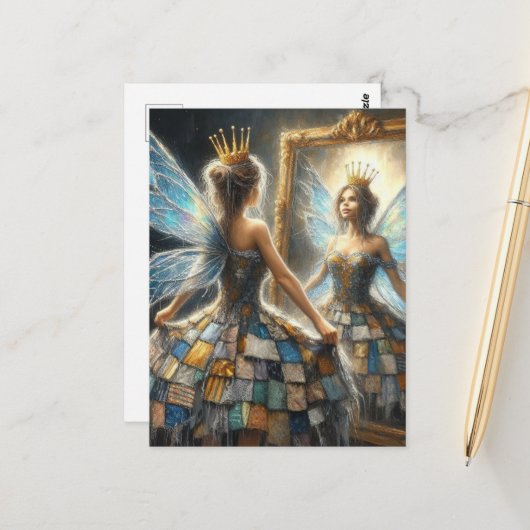 キルティングドレスとゴールデンクラウン鏡の妖精 ポストカード (正面/裏面インサイチュ)