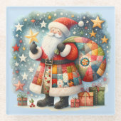 キルティングパッチワークサンタとクリスマスの星 ガラスコースター (正面)