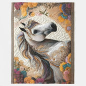 キルティング白い馬と花 フリースブランケット (正面)