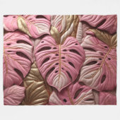 キルティング金ゴールドとピンクモンステラ葉デザイン フリースブランケット (正面(横))