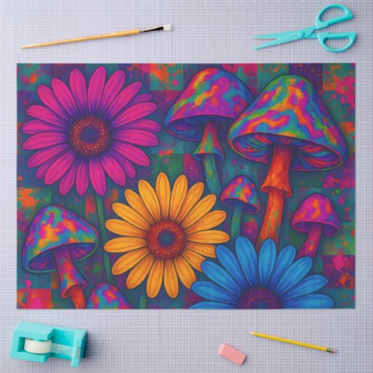 キルテサイケデリックッドパットのキノコとデイジー 薄葉紙 (クラフト)