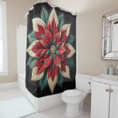 キルテッドパターンポインセチア赤グリーンブラック シャワーカーテン (インサイチュ)