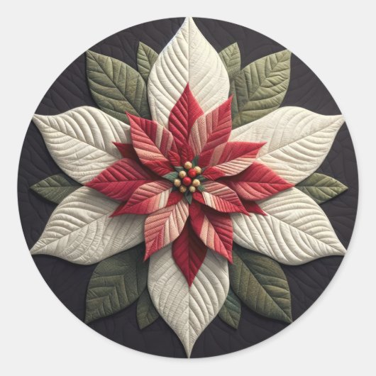 キルテッドパターンポインセチア赤グリーンブラック ラウンドシール (正面)