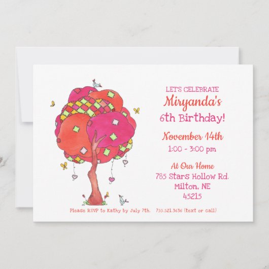 キルテッドピンクツリーバーズガールズ誕生日招待状 招待状 (正面)