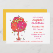 キルテッドピンクツリーバーズガールズ誕生日招待状 招待状 (正面/裏面)