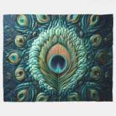 キルテッドブルーピーコックフェザーデザイン フリースブランケット (正面(横))