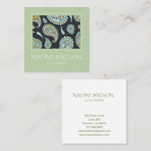 キルテモダンメーカーペイズリーパターンオンセージグリーン スクエア名刺 (正面/裏面)