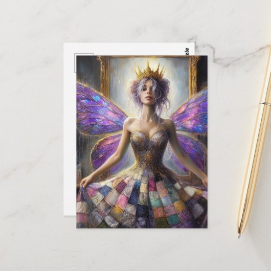 キルトのドレスを着た妖精がポーズを付ける鏡 ポストカード (正面/裏面インサイチュ)