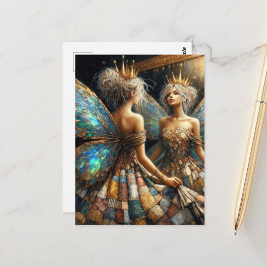 キルトのドレスを着た妖精が鏡 ポストカード (正面/裏面インサイチュ)
