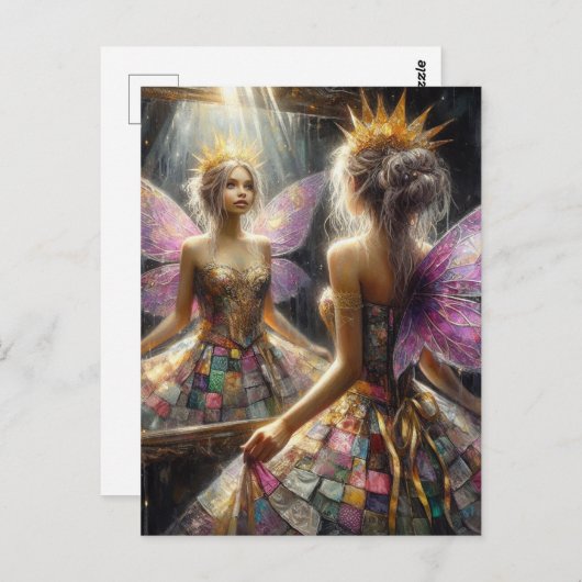 キルトのドレスを着た妖精、ドレスを鏡に見る ポストカード (正面/裏面)