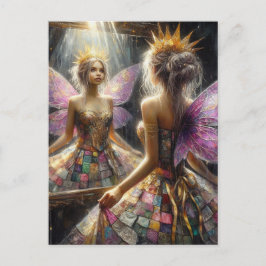キルトのドレスを着た妖精、ドレスを鏡に見る ポストカード