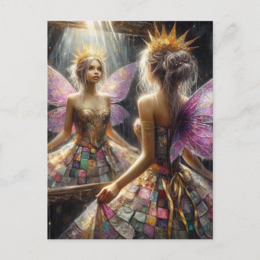 キルトのドレスを着た妖精、ドレスを鏡に見る ポストカード (正面)