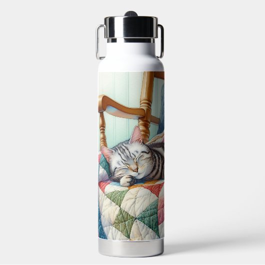 キルトの上で眠る甘い灰色の猫 ウォーターボトル (正面)