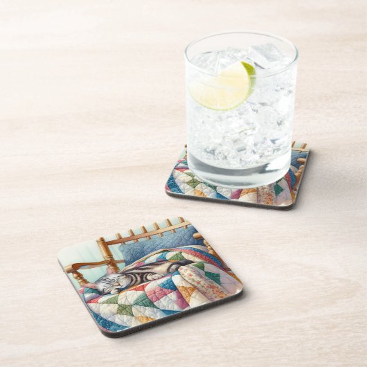 キルトの上で眠る甘い灰色の猫 コースター (右側)