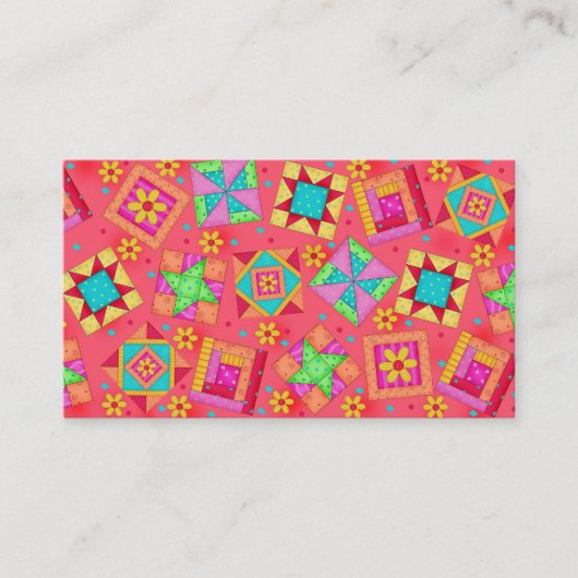 キルトアートビジネスカードコーラルレッド背景 名刺 (正面)