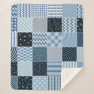キルトデザイン、ジオメトリックパッチワーク、ブルートーン。 シェルパブランケット