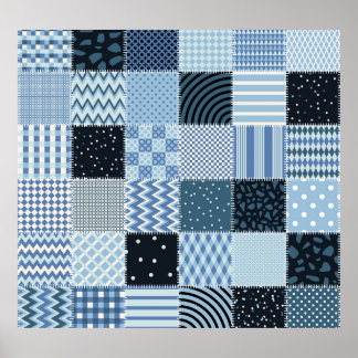 キルトデザイン、ジオメトリックパッチワーク、ブルートーン。 ポスター