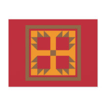 キルトポストカード – ベアーポーブロック(金ゴールド、赤、茶色)