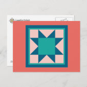 キルトポストカード – 鋸歯星(ティール（緑がかった色）/サーモン) ポストカード (正面/裏面)