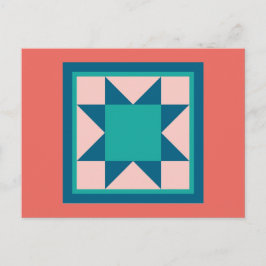キルトポストカード – 鋸歯星(ティール（緑がかった色）/サーモン) ポストカード
