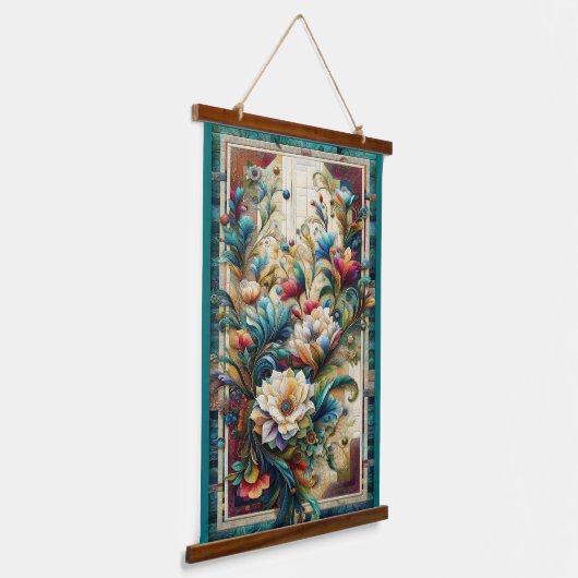 キルトルック花模様ウッドトップウォールタペストリー 吊り下げ型タペストリー (傾斜あり)