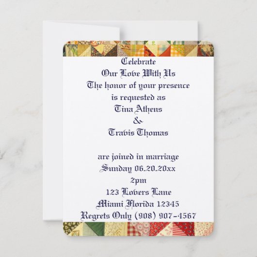 キルト柄ラブウェディング花嫁新郎平和 招待状 (正面)
