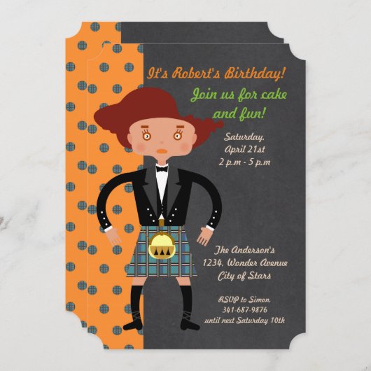 キルト誕生日パーティーを持つスコットランドの子供 招待状 (正面/裏面)