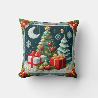 キルト風クリスマスシーンの装飾されたツリー クッション