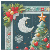 キルト風クリスマスシーン 月とツリー ファブリック (クローズアップ)