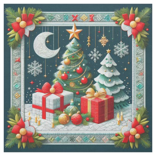 キルト風クリスマスシーン 月とツリー ファブリック (見本)