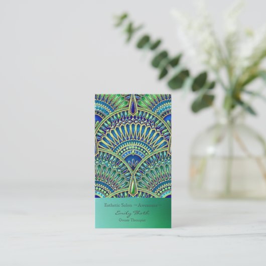 キレイな青と緑　孔雀デザイン 名刺 (スタンド正面)