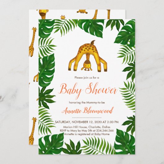 キレーフサファリジャングルベビーシャワー 招待状 (正面/裏面)