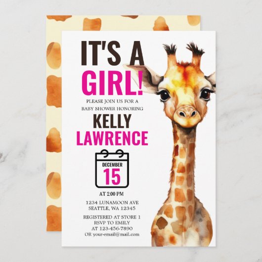 キレーフサファリベビーガールシャワー 招待状 (正面/裏面)