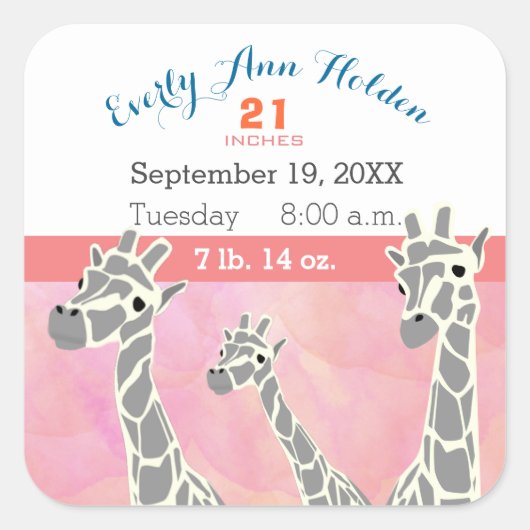 キレーフファミリーベビーガール誕生レコード誕生統計 スクエアシール (正面)