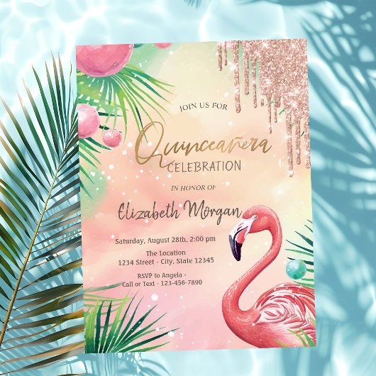 キンキラな雫 ピンクのフラミンゴ Quinceañera  招待状