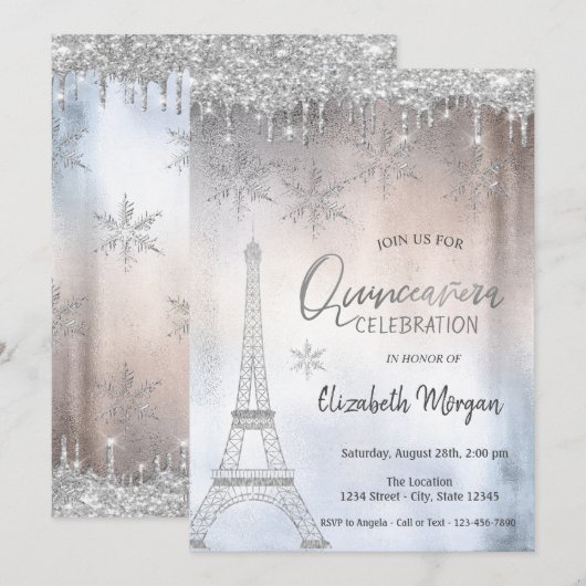 キンキラ+Eiffel+Tower+スノーフレーク+Quinceañera 招待状 (正面/裏面)