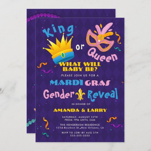 キングまたはクイーンマルディグラスジェンダーの暴露 招待状 (正面/裏面)