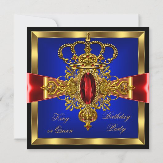キングまたはクイーン王室のブルーレッド誕生日パーティー 招待状 (正面)