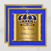キングまたはクイーン王室のブルー金ゴールドクラウン誕生日パーティー 招待状 (正面/裏面)